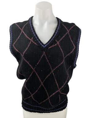 Colours 100% Wool Women's Black Argyle Sleeveless V Neck Sweater Vest Top Size M